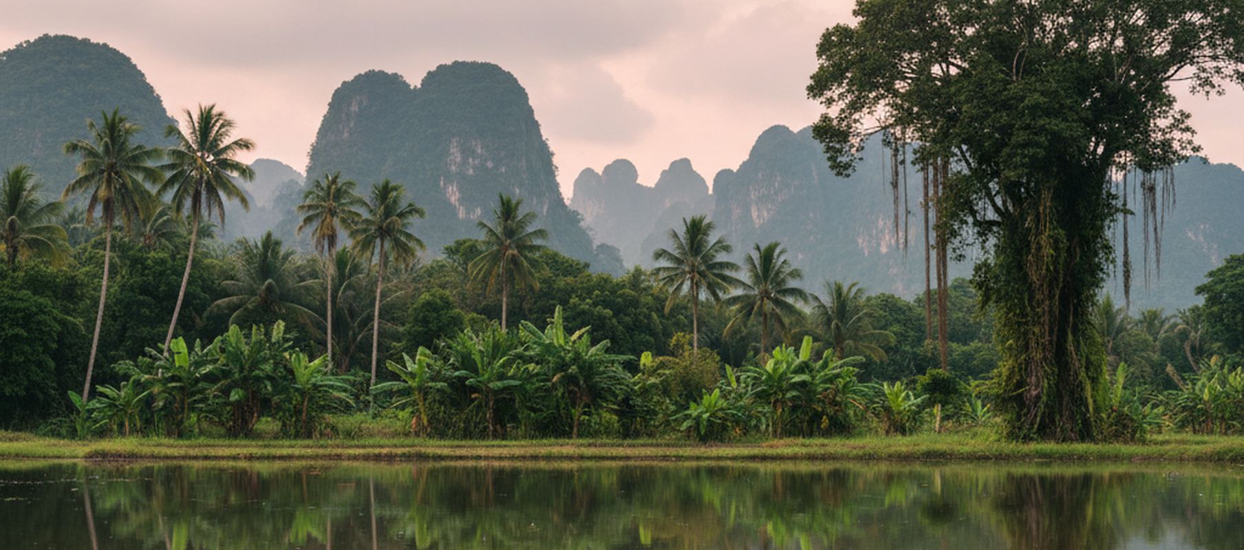 Forested limestone karst hills rising behind coconut palms, banana plants and a vine-draped tree, with still water in front reflecting them under a pale pink sky