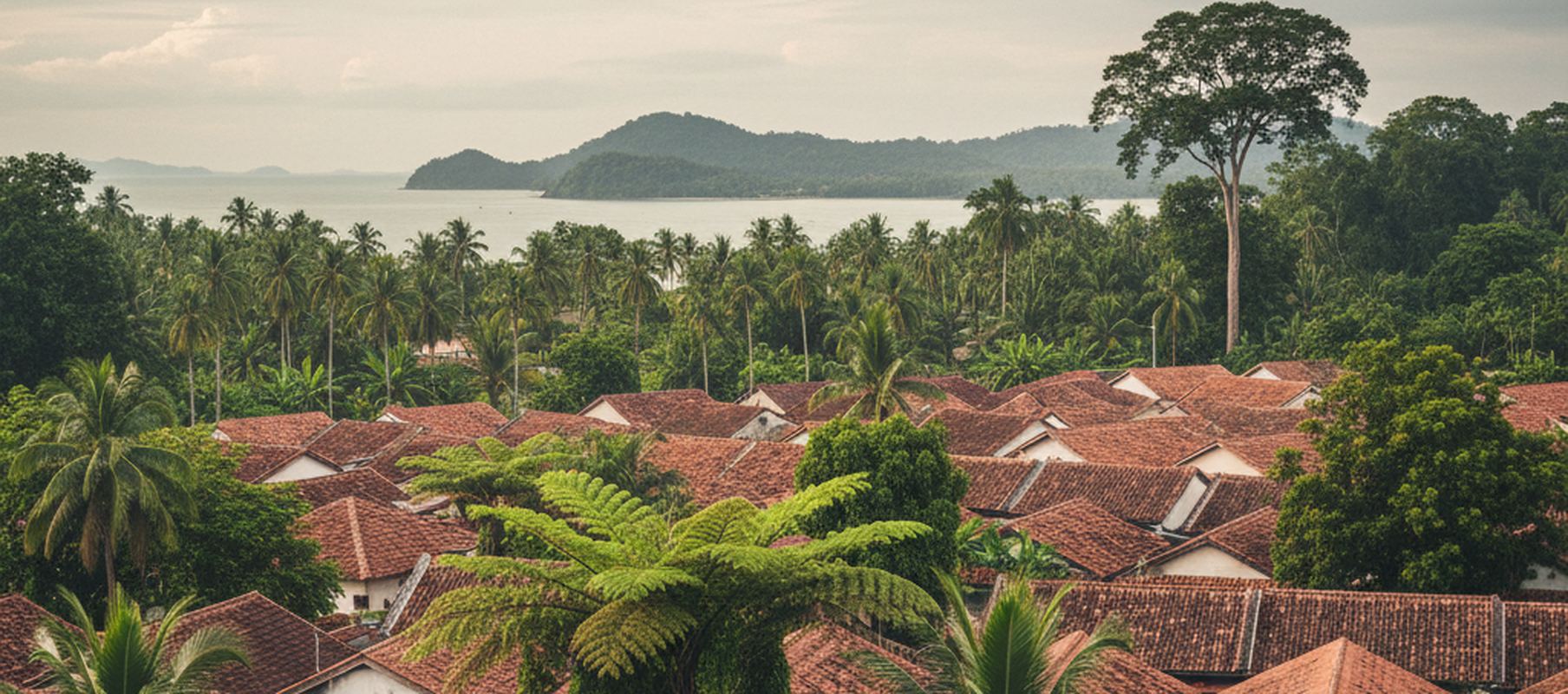 Elevated view over clustered red clay tile roofs and tall coconut palms, feathery fronds filling the foreground, a calm pale sea beyond, and a forested headland hazy under a gray sky.