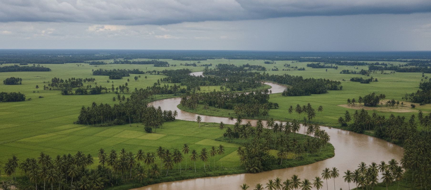 Wide view across the Kelantan River delta, brown water curving between flat paddy fields and stands of coconut palm under a heavy sky.