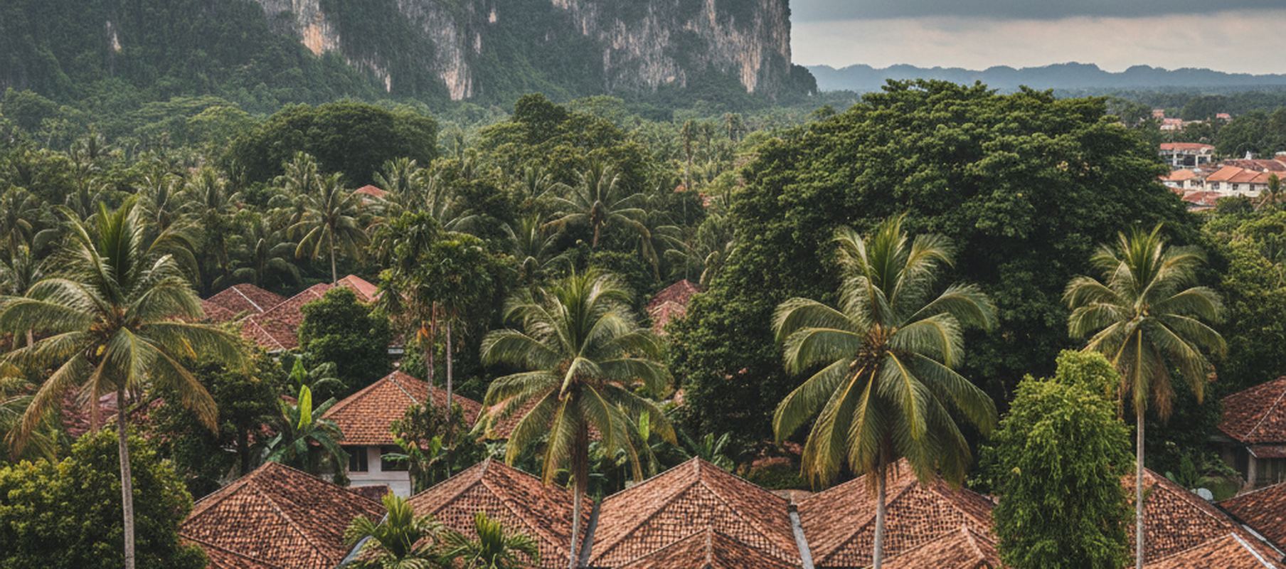 Terracotta tile roofs and tall coconut palms crowd the flat ground below a forested limestone cliff, whose pale fluted face stands against a gray overcast sky.