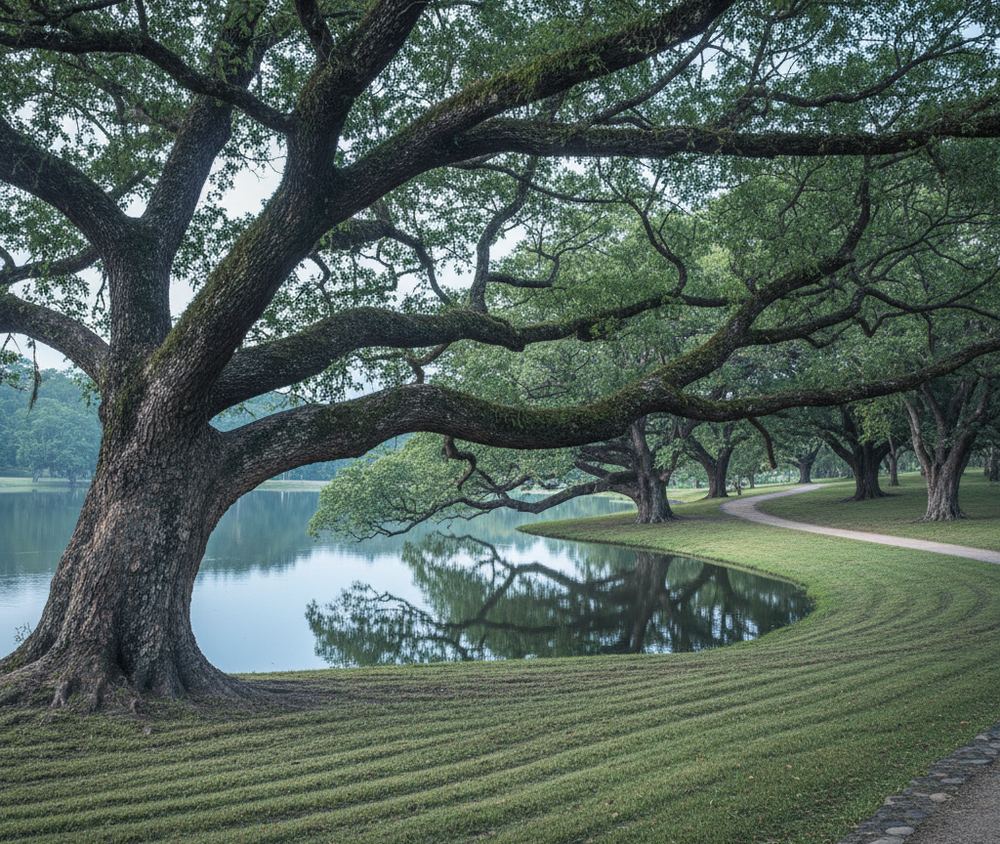 Still lake water and mown grass under old rain trees with long horizontal branches, a path curving away empty