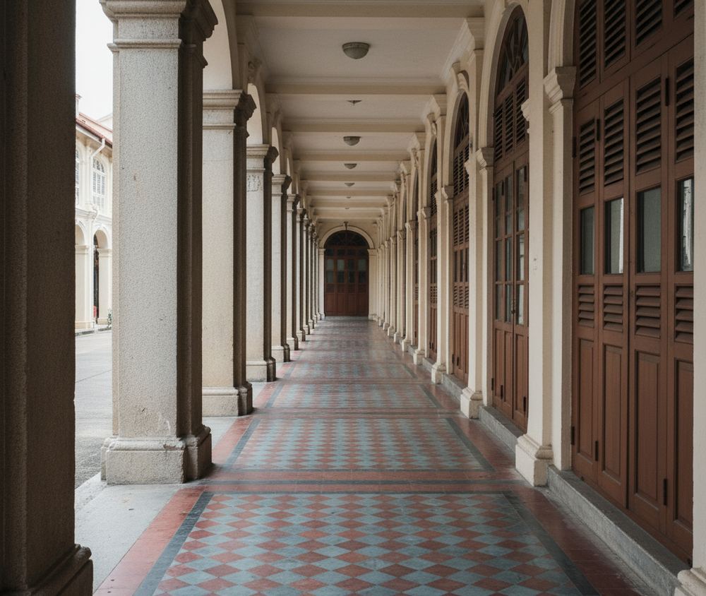 A continuous covered arcade in front of a row of shophouses, square pillars and worn floor tiles receding down the block, the arcade empty.
