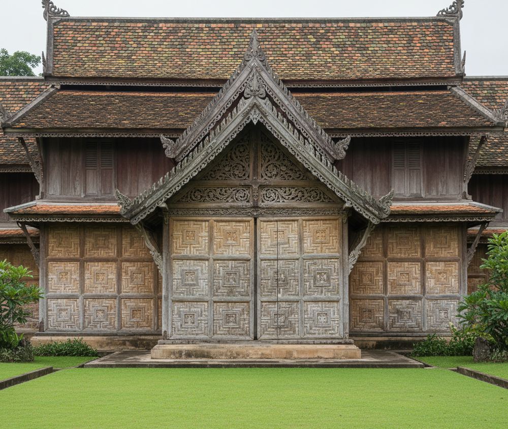 Timber hall with woven panel walls, tall carved double doors, louvered shutters in the wall above, a fretwork gable and tiered clay tile roofs, across a mowed lawn in flat light.