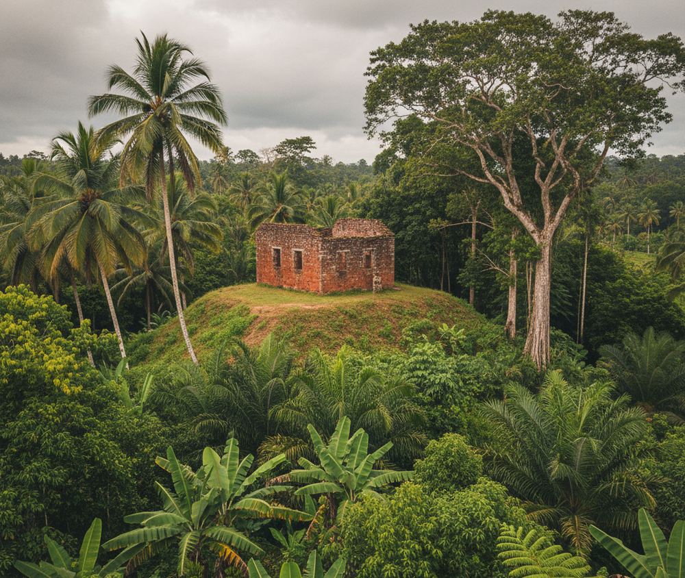 Roofless red brick ruin with rectangular window openings, standing on a grassy mound above dense tropical forest of coconut palms, banana leaves and ferns under a heavy gray sky.