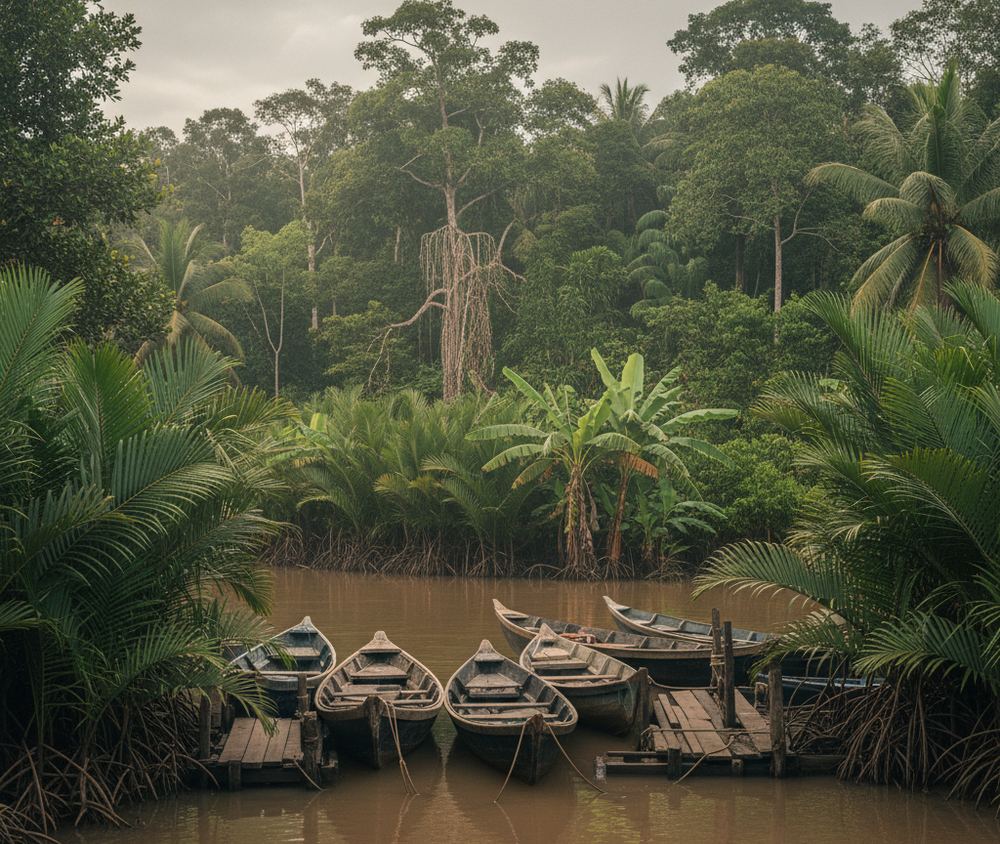 Wooden boats moored side by side at low plank jetties on a muddy brown river, with feathery palm fronds, banana plants and tall jungle trees rising behind under a pale gray sky.