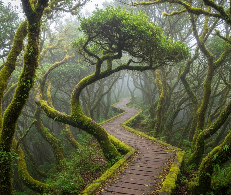 Short bent trees covered in moss and small ferns crowding a narrow plank walkway on a ridge in thin mist.