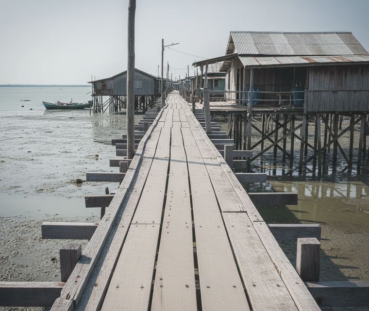A narrow timber walkway on stilts running out over shallow water at low tide, plank boards underfoot and stilt houses along one side, the walkway empty.