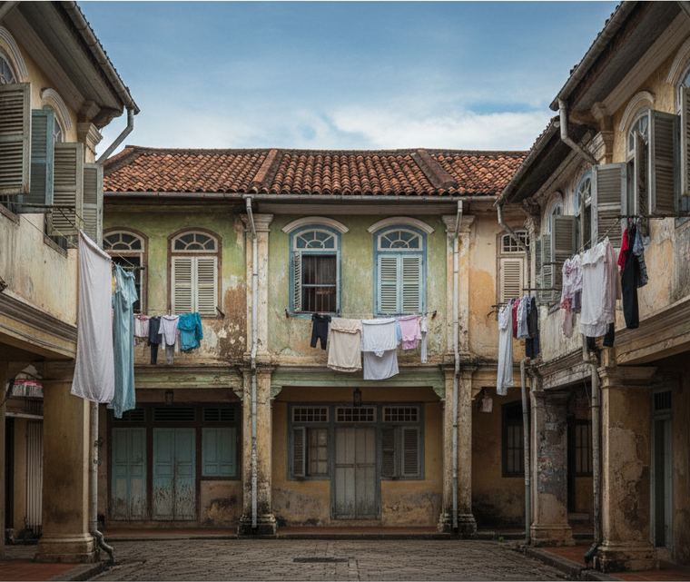 A wide paved courtyard closed on three sides by two story arcaded buildings in peeling green and yellow plaster, with laundry strung on lines across it and open sky above.