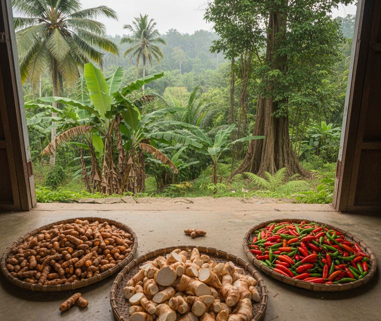 Three woven trays on a concrete floor inside an open doorway, holding knobbly tan roots, cut white root pieces, and red and green chilies, with misty palms and banana plants beyond.