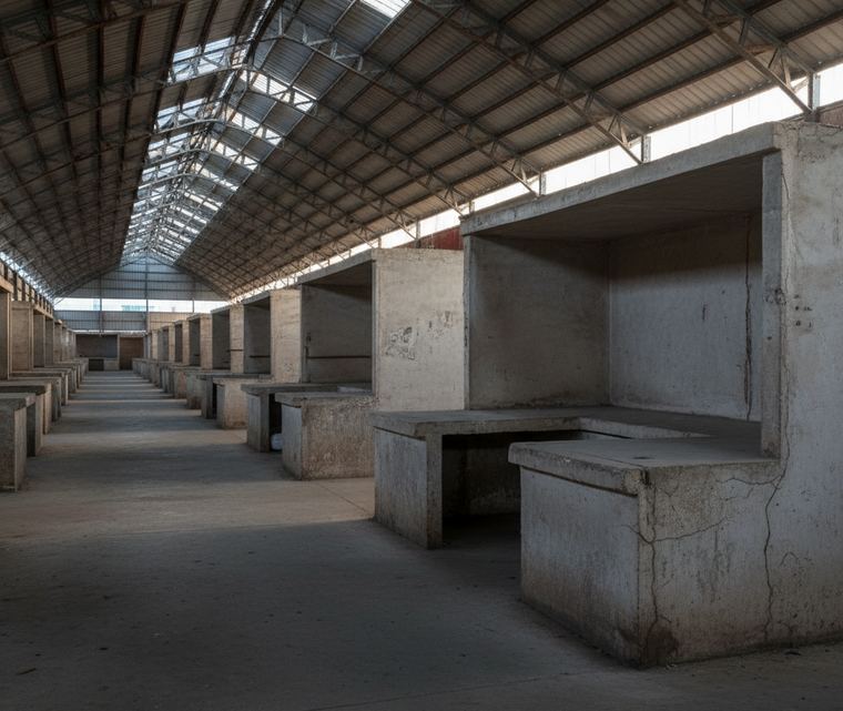 Interior of an empty roofed market hall in the early morning, bare concrete stalls in rows under a high metal roof.