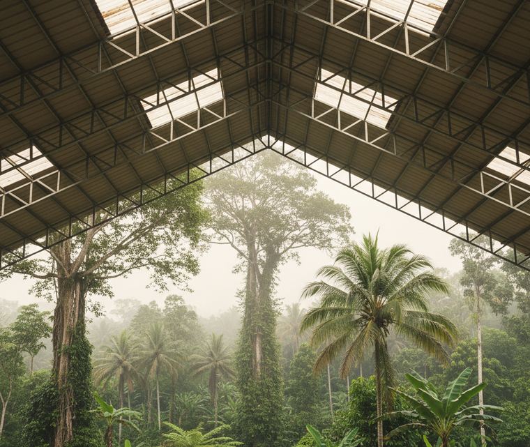 Seen from beneath a wide open shed roof: corrugated metal on steel trusses with skylight panels, opening onto hazy rainforest, vine wrapped trunks, palms, and banana leaves.