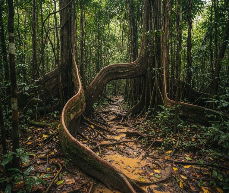 A narrow mud trail under closed rainforest, buttress roots crossing the path, wet leaf litter and hanging vines
