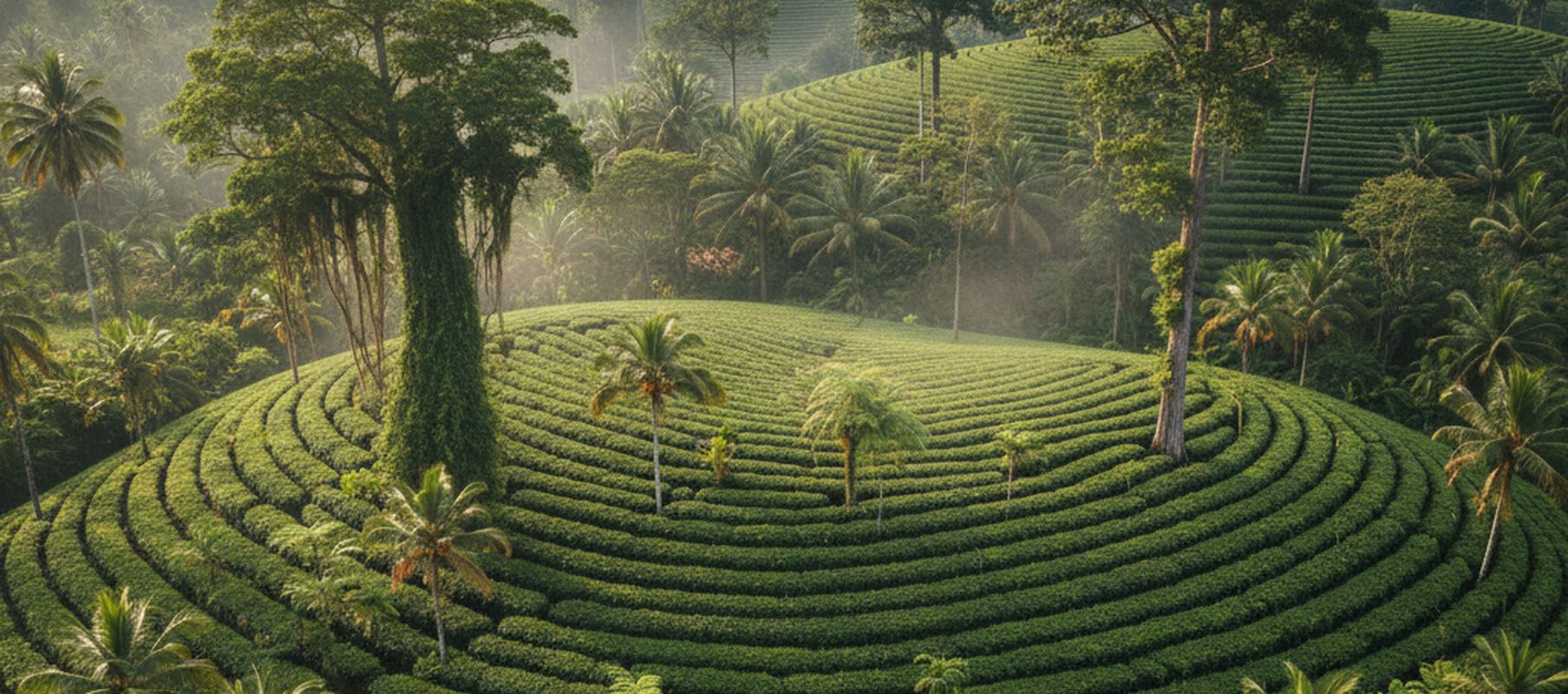 Concentric rows of clipped tea bushes wrap a rounded hilltop, with palms and a vine covered trunk rising among them and hazy jungle on the slopes behind.